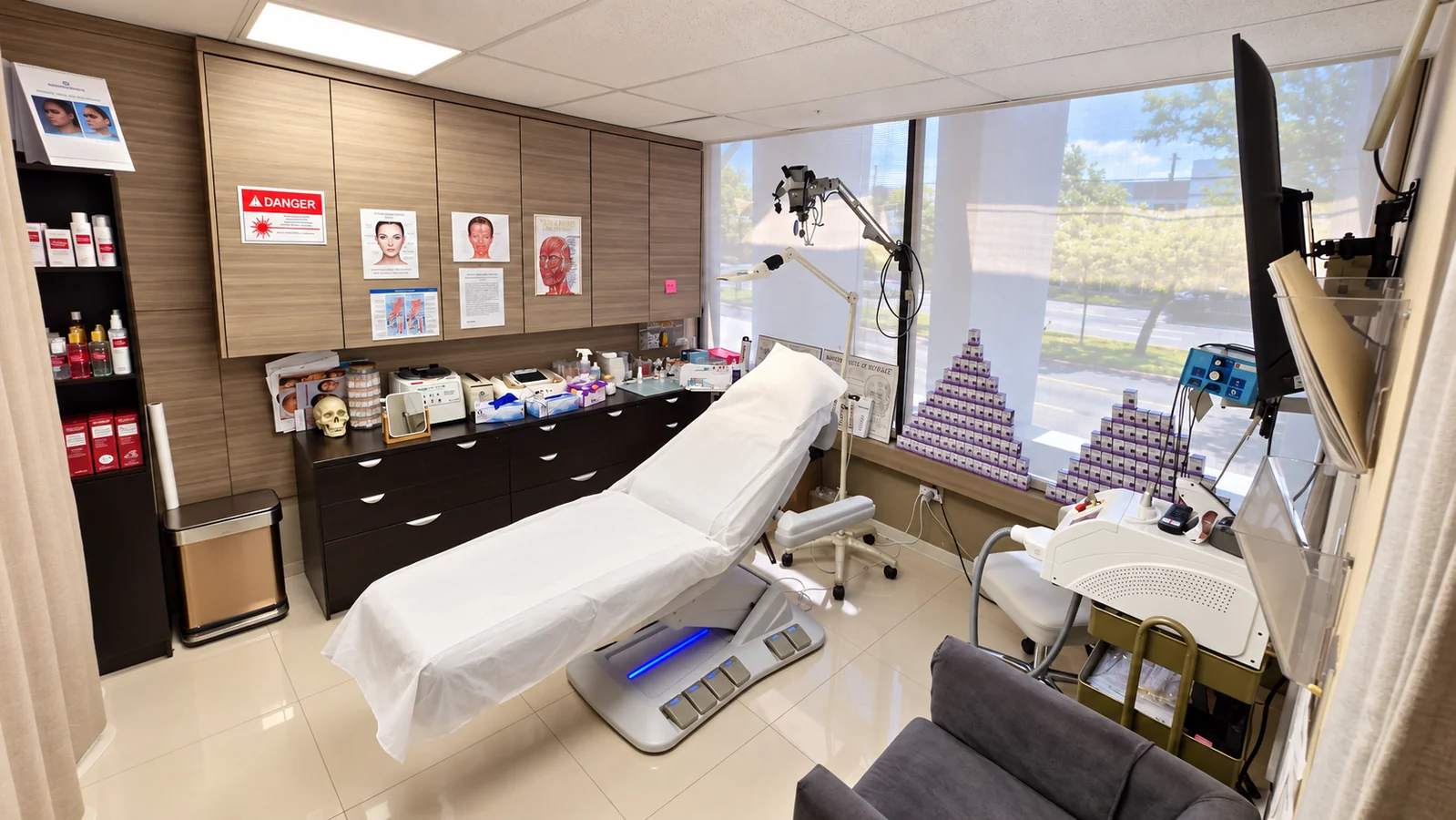 Bright VIP Botox treatment room with a prepared reclining patient chair